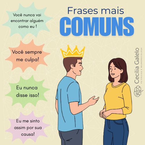 frases comuns de narcisistas como 'Eu nunca disse isso' e 'Você sempre me culpa', ilustrado com o logo da Dra. Cecília Galelo